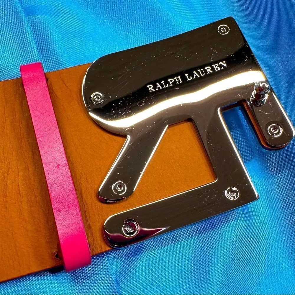 Ralph Lauren Collection Wide Stacked RL Monogram Buckle Peony Pink Calfskin Belt